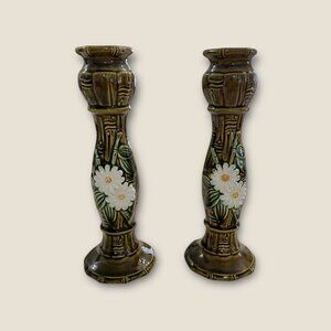 Vintage Green Bamboo Daisy Ceramic Candle Holders 9" Tall Floral Decor Pair